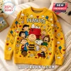 Peanuts Snoopy Yellow Crewneck Ugly Sweater featuring Charlie Brown, Snoopy, and friends with colorful seasonal patterns.