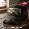Penrith Panthers 1967-2026 distressed black baseball cap featuring a frayed fabric patch on a wooden surface.