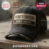 Penrith Panthers 1967-2026 Distressed Black Baseball Cap with a frayed rectangular patch on a metal surface.