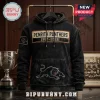 Penrith Panthers 1967-2026 Premium Black Hoodie featuring a chest patch, panther graphic, and gold-toned hood drawstrings.