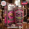 Penrith Panthers 60th Anniversary Pink Stanley Tumbler with gold handle, featuring team graphics and stadium illustration.