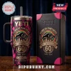 Penrith Panthers 60th Anniversary Tie-Dye Stanley Tumbler with a matching black display box on a wooden surface.