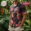 Penrith Panthers NRL Mascot Hawaiian shirt featuring a black panther with a surfboard and palm trees on a tropical print.