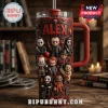 Personalized Horror Movie Characters 40oz Tumbler with 3D figures of iconic villains and custom name Alex on a red background.