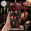 Personalized Horror Movie Characters 40oz Tumbler in red featuring 3D-style icons of classic slasher villains and text ALEX.