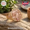 Personalized Letter D Rose Gold Heart Butterfly Ring featuring pink gemstones, guitar inlay, and ornate filigree on wood.