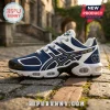 Personalized Notre Dame Fighting Irish Navy Air Max Plus Sneakers featuring white accents, gold details, and team logo.