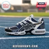 Personalized Notre Dame Fighting Irish Navy Air Max Plus Sneakers with white mesh, gold accents, and custom text space.