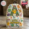 Personalized Pokemon Character School Backpack featuring Pikachu, Bulbasaur, Squirtle, and the name Antony on cream fabric.