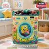 Personalized SpongeBob SquarePants laundry basket featuring Emily, cartoon graphics, and washing machine control panel.