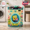 Personalized SpongeBob SquarePants laundry basket featuring yellow machine print, Emily name label, and cartoon characters.