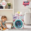 Personalized Stitch Quilted Laundry Basket featuring Stitch character, hibiscus flowers, and controls on a white background.