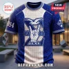 Phi Beta Sigma 1914 Blue White Shirt featuring fraternity symbols, hand sign, dove, and damask patterns on royal blue.
