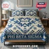 Phi Beta Sigma Blue Quilt 3-Piece Bedding Set featuring Greek letters, blue dove patterns, and a checkered cream base.