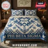 Phi Beta Sigma Blue Quilt 3-Piece Bedding Set featuring a blue and cream star pattern with dove icons and Greek lettering.
