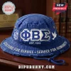 Phi Beta Sigma Embroidered Blue Bucket Hat featuring Greek letters, 1914 date, and service motto on a distressed fabric.