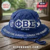 Phi Beta Sigma Embroidered Blue Bucket Hat featuring white Greek letters, dove emblem, and distressed frayed edges.