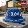 Phi Beta Sigma Embroidered Blue Bucket Hat featuring white Greek letters, frayed denim texture, and a drawstring toggle.