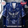 Phi Beta Sigma Fraternity Blue Hawaiian Shirt with white dove, Greek letters, and crest patterns on a royal blue fabric.