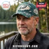 Philadelphia Eagles Distressed Green Embroidered Baseball Cap worn by a man with gray stubble near a lake.