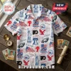 Philadelphia Teams America 250th Anniversary Patriotic Hawaiian shirt featuring team logos, Liberty Bell, and US flags.