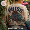 Phish Vermont 1983 Embroidered Ugly Sweater in beige featuring a large blue fish graphic and Surrender to the Flow text.