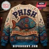Phish Vermont 1983 embroidered ugly sweater featuring a central fish graphic with blue and orange yarn details on cream knit.