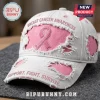 Pink Ribbon Breast Cancer Awareness Distressed Hat featuring a pink embroidered ribbon, frayed fabric, and bold text.