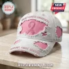 Pink Ribbon Breast Cancer Awareness Distressed Hat in white and pink with fraying details and motivational text.