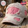 Pink Ribbon Breast Cancer Awareness Distressed Hat in grey with frayed edges, pink fabric backing, and embroidered text.