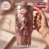 Pink Ribbon Witch Breast Cancer Awareness 40oz Tumbler with 3D embossed witch, bats, moon, and floral designs in soft pink.