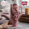 Pink Ribbon Witch Breast Cancer Awareness 40oz tumbler with 3D embossed witch, moon, bats, and flowers on metal.