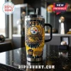 Pittsburgh Steelers 93rd Anniversary Stanley Tumbler featuring yellow and black tie-dye pattern, team logo, and steel straw.