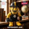 Pittsburgh Steelers NFL Mascot Plush Doll wearing black overalls and a hard hat while holding a brown football.