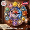 Pokemon 30th Anniversary custom wall clock featuring Pikachu, Eevee, and other characters on a blue and gold circular dial.