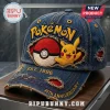 Pokemon 30th Anniversary Pikachu distressed baseball cap in blue denim with embroidered Pokeball and 1996 text details.