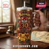Pokemon 30th Anniversary Stainless Steel Tumbler 40oz featuring Pikachu, Charmander, Charizard, and gold emblem details.
