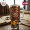 Pokemon 30th Anniversary Stainless Steel Tumbler 40oz featuring Pikachu, Charmander, Charizard, and gold emblem details.
