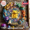 Pokemon Character Custom Name Wall Clock featuring Pikachu, Mewtwo, Bulbasaur, and other creatures on a stone texture wall.