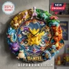 Pokemon Character Custom Name Wall Clock featuring Pikachu in center surrounded by various Pokemon figurines and numbers.