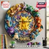 Pokemon Character Custom Name Wall Clock featuring Pikachu, Gengar, Eevee, and other monsters on a stone-textured frame.