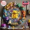 Pokemon Character Custom Name Wall Clock featuring Pikachu, Mewtwo, Bulbasaur, and other figures on a stone-texture frame.