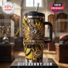 Richmond Tigers 141st Anniversary Tie Dye Handle Tumbler featuring yellow and black patterns, tiger mascot, and team text.