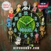 Rick and Morty Personalized Acrylic Wall Clock featuring characters, a green portal background, and name Miguel in center.