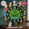 Rick and Morty Personalized Acrylic Wall Clock featuring a glowing green portal, custom name Miguel, and cartoon characters.