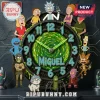 Rick and Morty Personalized Acrylic Wall Clock featuring central green portal, slime font numbers, and series characters.