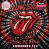 Rolling Stones It's Only Rock N Roll shirt featuring a red tongue graphic on a black and red tie-dye fabric background.