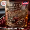Route 66 100th Anniversary Engraved Whiskey Glass featuring a vintage car, motorcycle, and classic highway road signage.