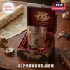 Route 66 100th Anniversary Engraved Whiskey Glass inside a maroon lined wooden box with a vintage map and brass compass.