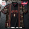 Rush 2112 Starman Black Polo Shirt with red star motif, band logo, and intricate cosmic graphic patterns on a fabric texture.
